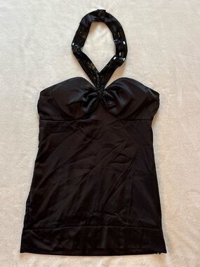 Y2K Black Halter Sequin Satin S/M Mini Dress OR M/L Top - READ